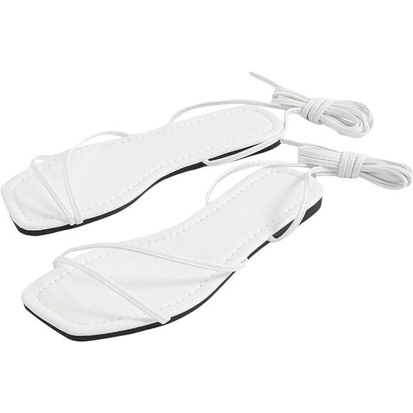 Gorglitter Womens Size 8.5 White Open Toe Lace Up Gladiator Sandals Tie Up Flats - Picture 1 of 4
